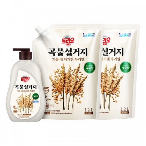 트리오 곡물설거지 우리밀  750ml(용기1) + 1.2L(리필2)  (주방세제/과일야채세제)  (주방세제)