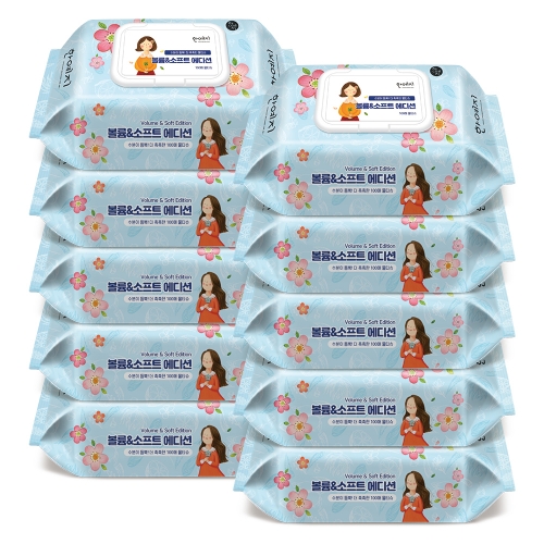 한예지 볼륨앤소프트 EDITION 물티슈 100매 캡형 10팩 1박스  (화장지)  (물티슈/기타티슈)