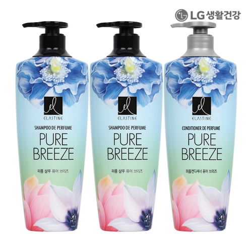 LG생활건강 엘라스틴 퍼퓸 퓨어브리즈 600ml 샴푸 X 2개 + 컨디셔너 600ml  (샴푸/린스/트리트먼트)