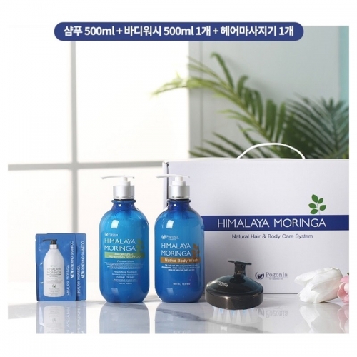 포고니아 히말라야 모링가 약산성 두피 샴푸 500ml1개+바디워시 500ml 1개+두피브러시 1개 선물세트  (선물세트/여행키트)