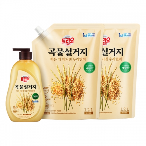 트리오 곡물설거지 우리현미 750ml(용기1) + 1.2L(리필2)  (주방세제/과일야채세제)  (주방세제)