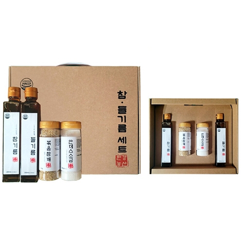[한강농산] 참기름 들기름 4종세트(참기름200ml+들기름200ml+볶음참깨110g+안데스소금200g)  (식용유/참기름/오일류/시럽)