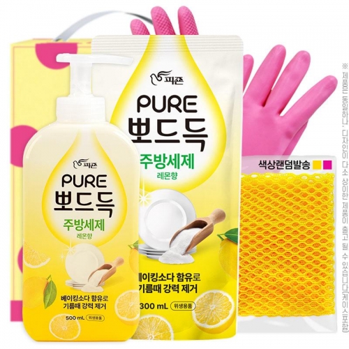 뽀드득주방세제500펌프 300리필 고무장갑32cm 망사수세미(4종)  (주방세제)