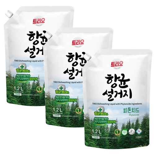 [애경] 트리오 항균 설거지 피톤치드 1.2L 파우치 x 3개  (주방세제)