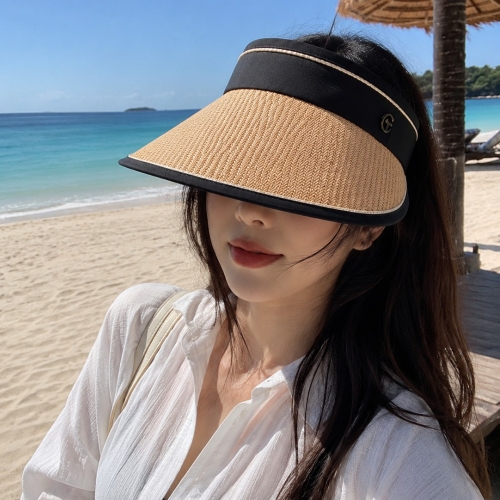 여성 여름 썬캡 와이드챙 라탄 스타일 UV차단 해변 썬바이저 모자  (모자)