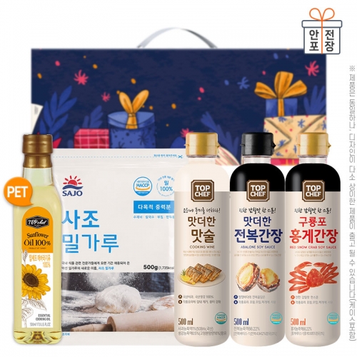 감사혼합세트5종14호(탑셰프페트해바라기유,사조밀가루,탑셰프맛술,탑셰프전복간장,탑셰프홍게간장)  (식용유/참기름/오일류/시럽)